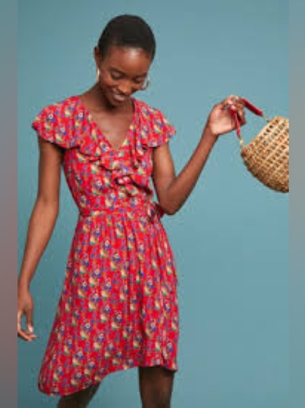 Maeve Anthropologie Rosalia Red Floral Faux Wrap Dress Size 2